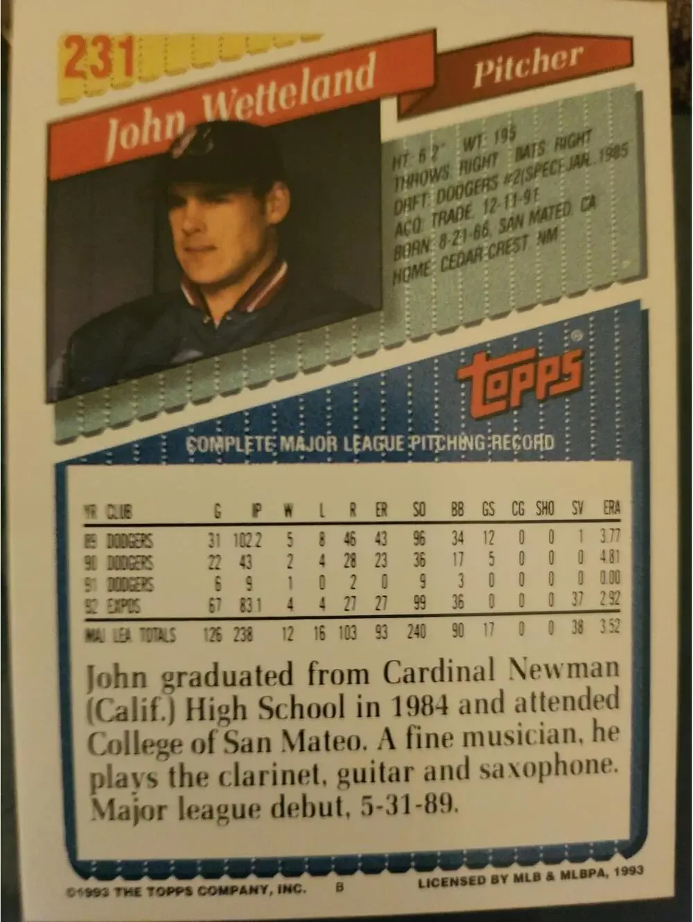 John Wetteland - 1993 Topps #231 - Expos - RAW mint - Picture 2 of 2